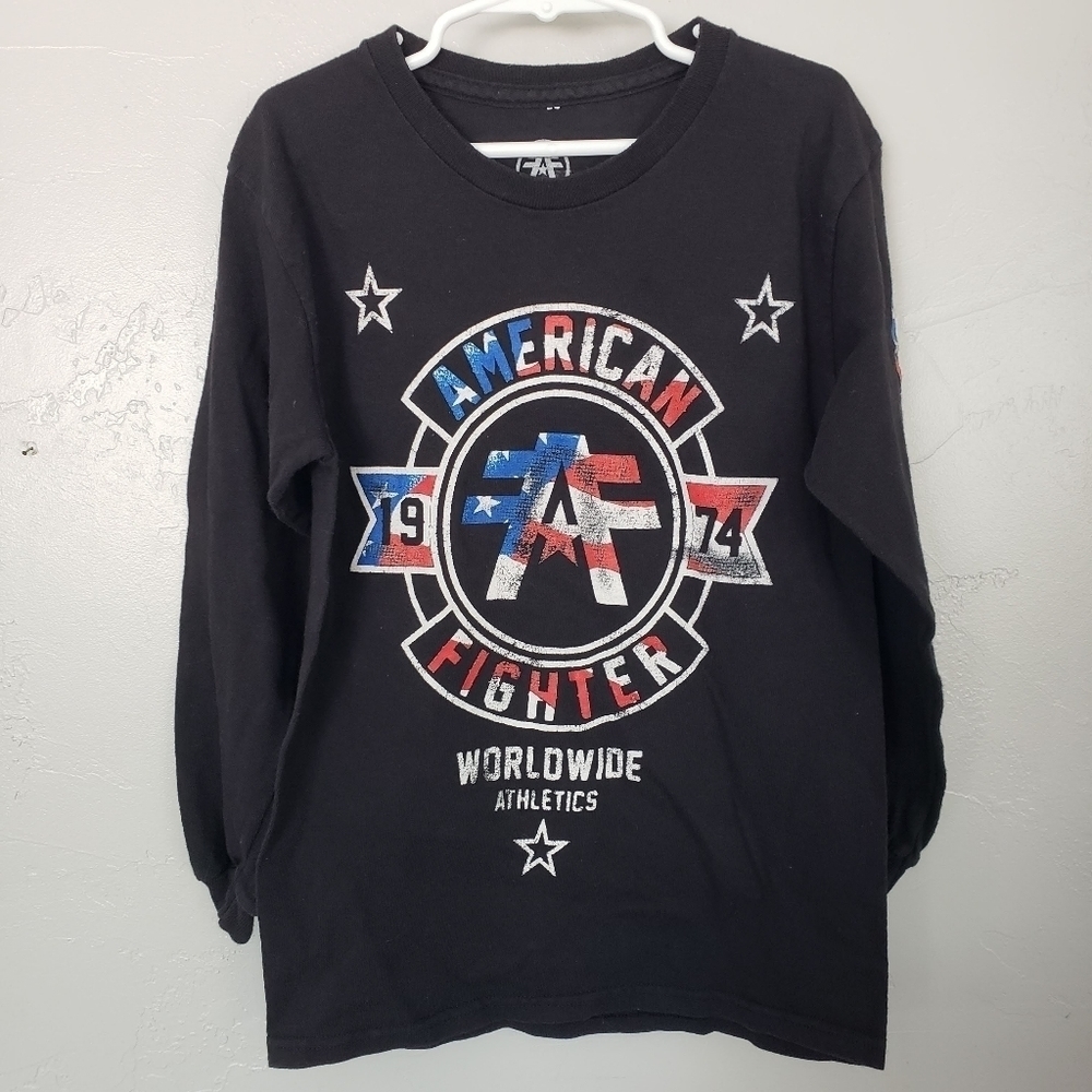 American Fighter Little Boy Medium Black Long Sleeve Shirt Red White Blue Flag